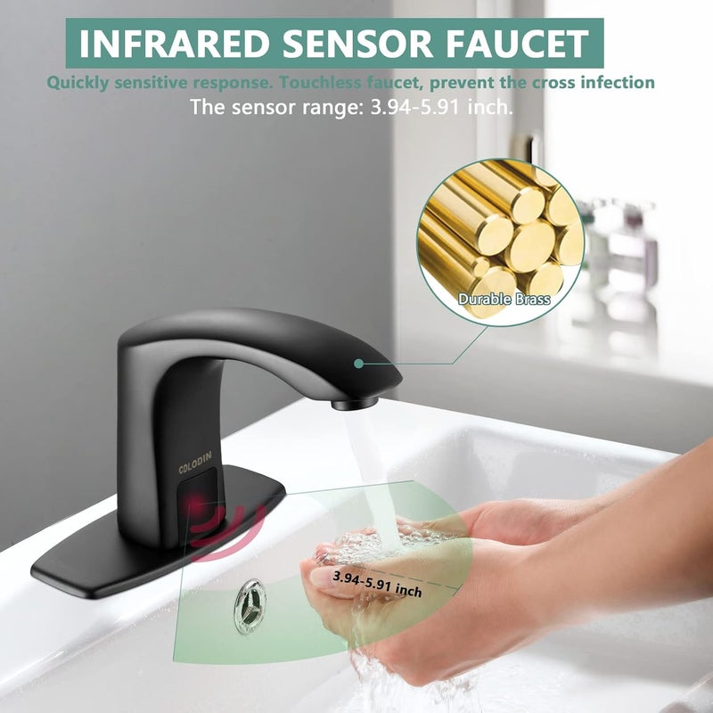 CDLODIN Touchless Bathroom Sink Faucet Modern Brass Automatic Sensor Hands Free Lavatory Single Hole Matte Black Bathroom Faucets with Hole Cover Plate - Image 3